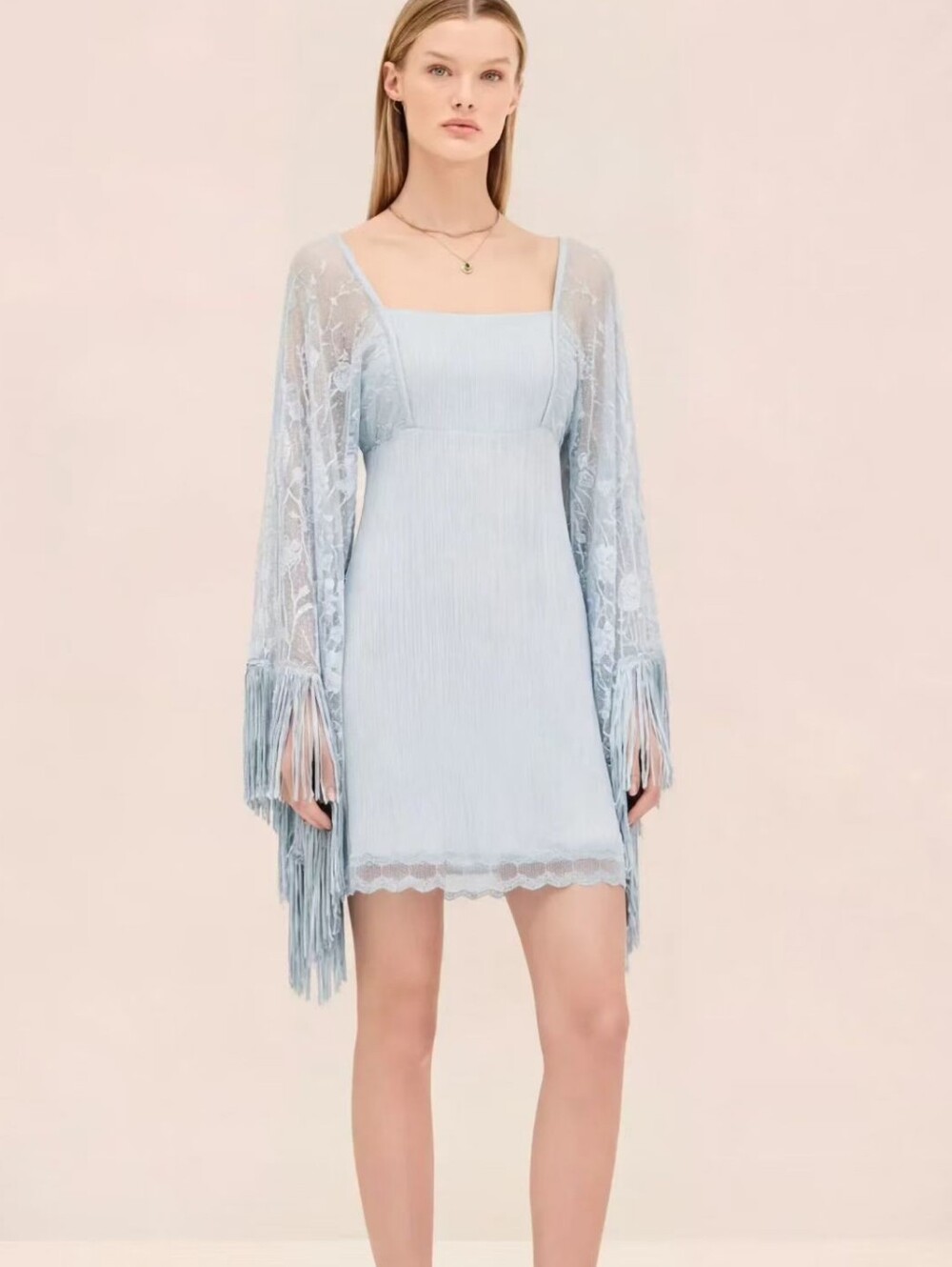 Alexis lidoria dress with lace sleeves and fringe trim in Dusty Blue